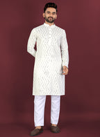 Prazu Fashion Off White Soft Silk Unique Cross Pattern White Thread Embroidery With Silver Sequence Kurta | Grocsy