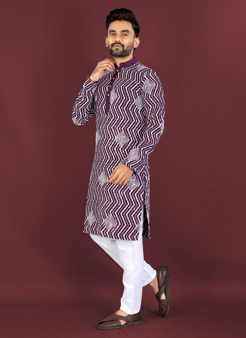 Prazu Fashion Purple Soft Silk Unique Cross Pattern White Thread Embroidery With Silver Sequence Kurta | Grocsy