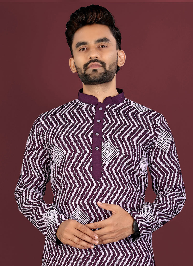 Prazu Fashion Purple Soft Silk Unique Cross Pattern White Thread Embroidery With Silver Sequence Kurta | Grocsy