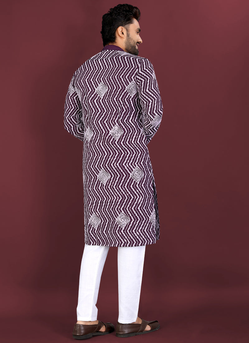 Prazu Fashion Purple Soft Silk Unique Cross Pattern White Thread Embroidery With Silver Sequence Kurta | Grocsy