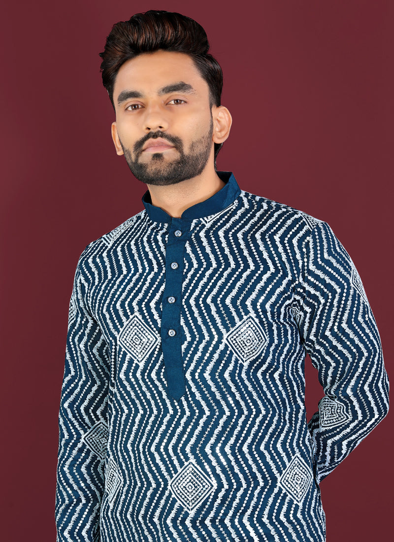 Prazu Fashion Royal Blue Soft Silk Unique Cross Pattern White Thread Embroidery With Silver Sequence Kurta | Grocsy