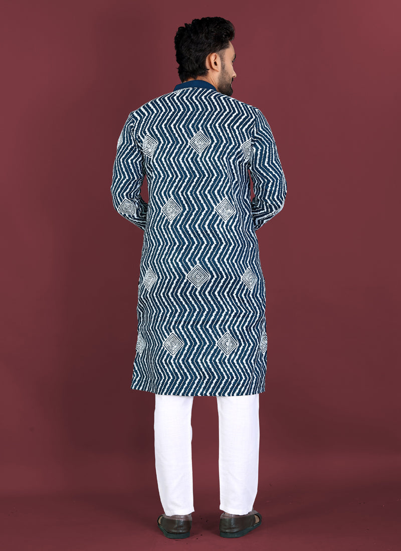 Prazu Fashion Royal Blue Soft Silk Unique Cross Pattern White Thread Embroidery With Silver Sequence Kurta | Grocsy