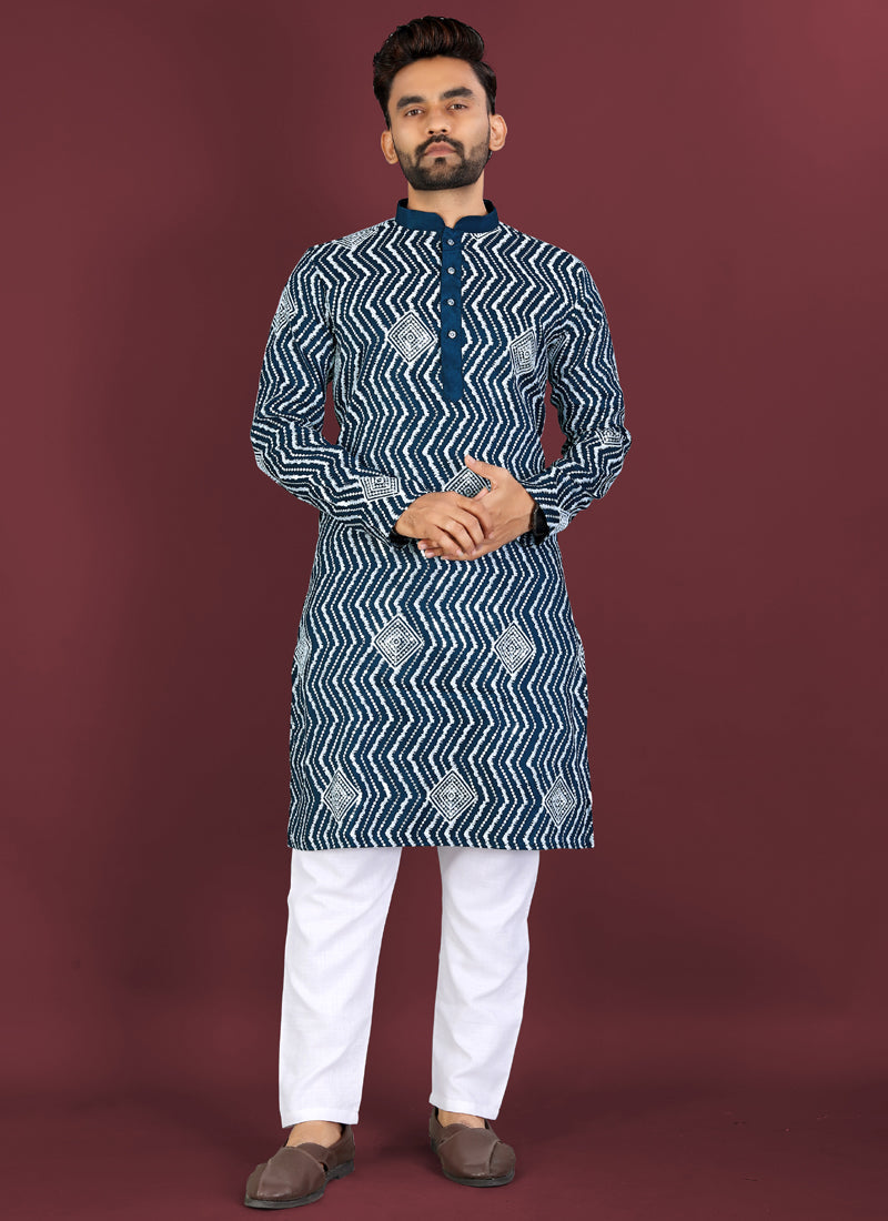 Prazu Fashion Royal Blue Soft Silk Unique Cross Pattern White Thread Embroidery With Silver Sequence Kurta | Grocsy