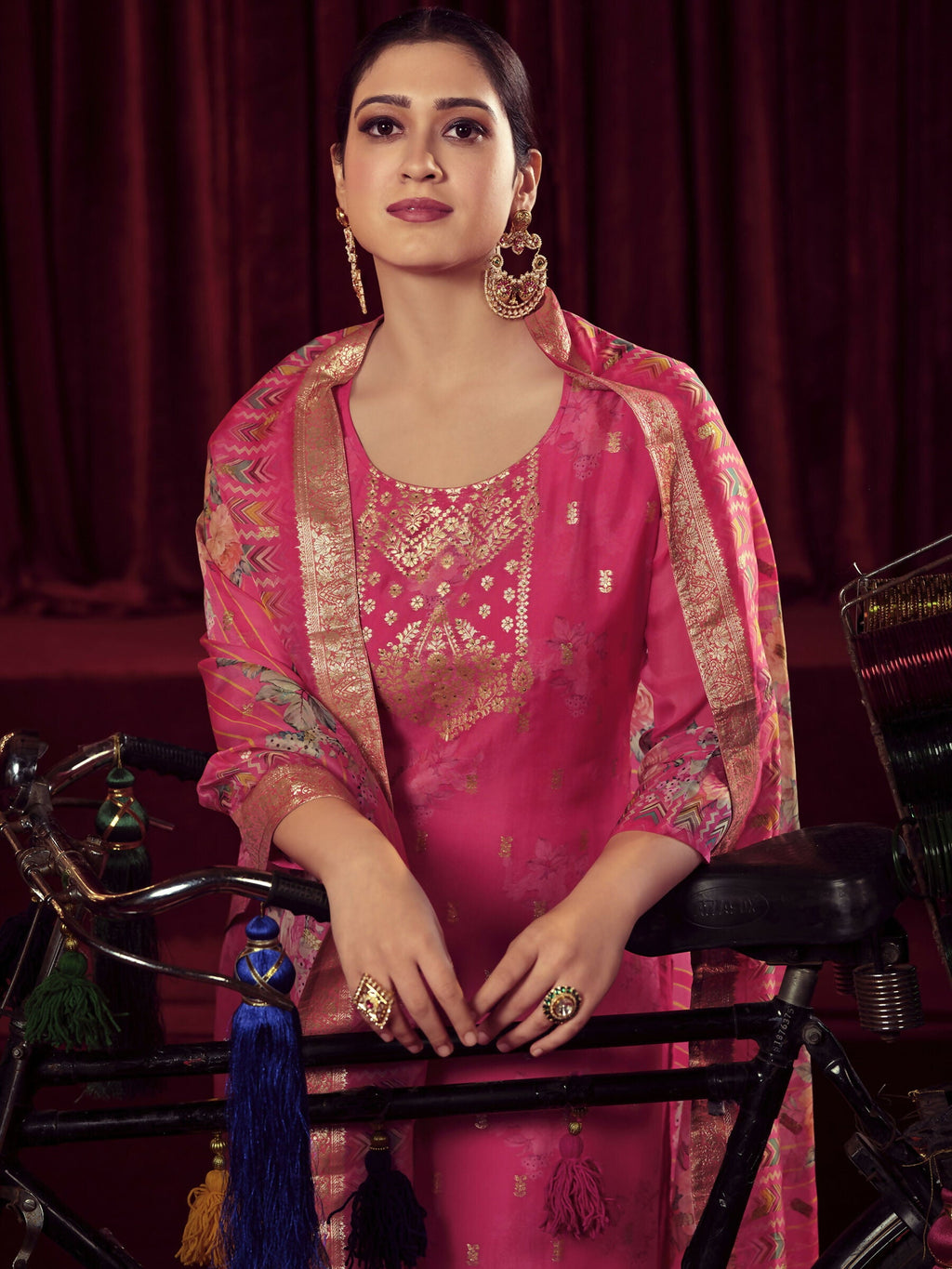 Jyoti Fashion Women's Magenta Organza Jacquard Woven Kurta with Trouser & Dupatta | Grocsy