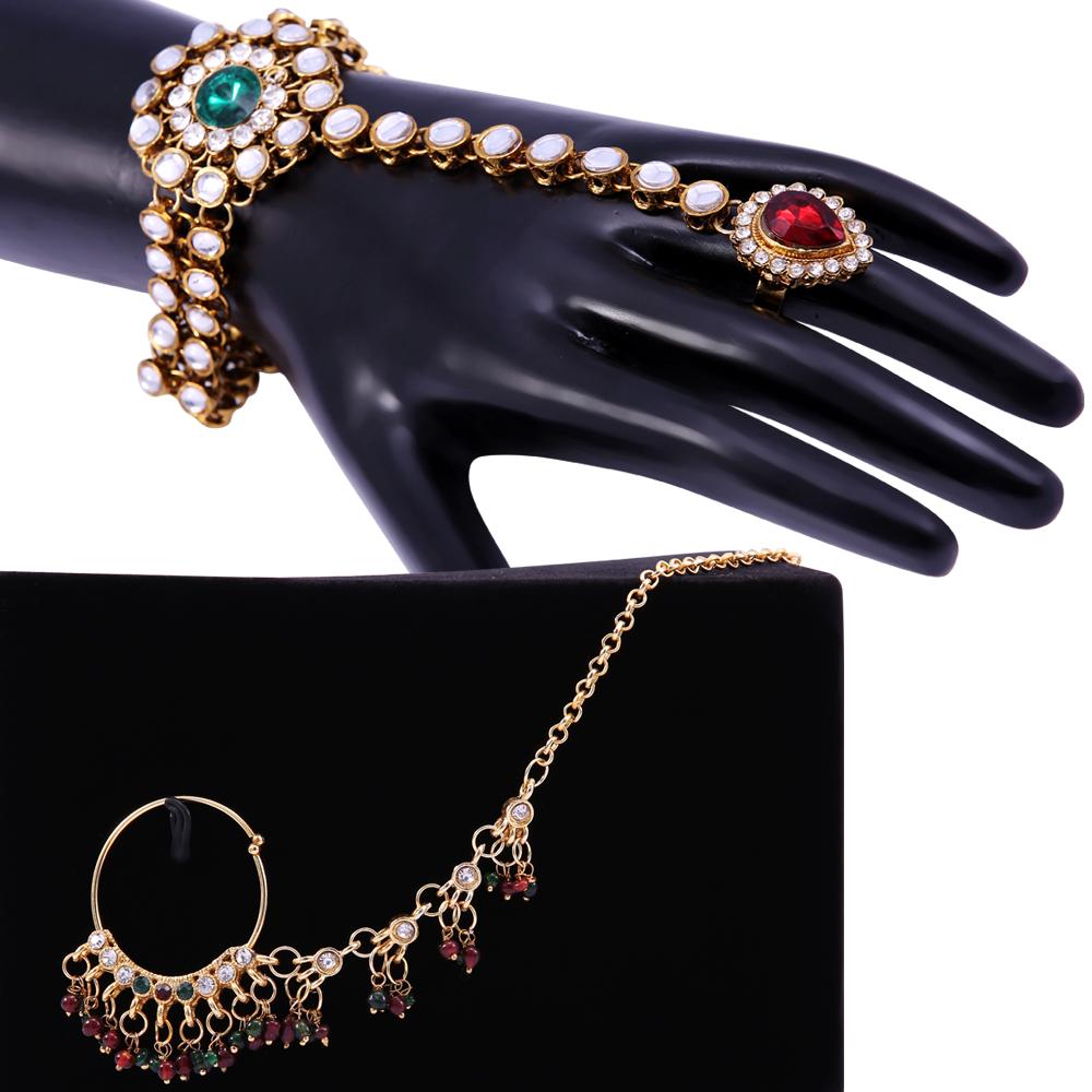 Gold-Polished Alloy Nath And Hathphool Combo - The Pari | Grocsy