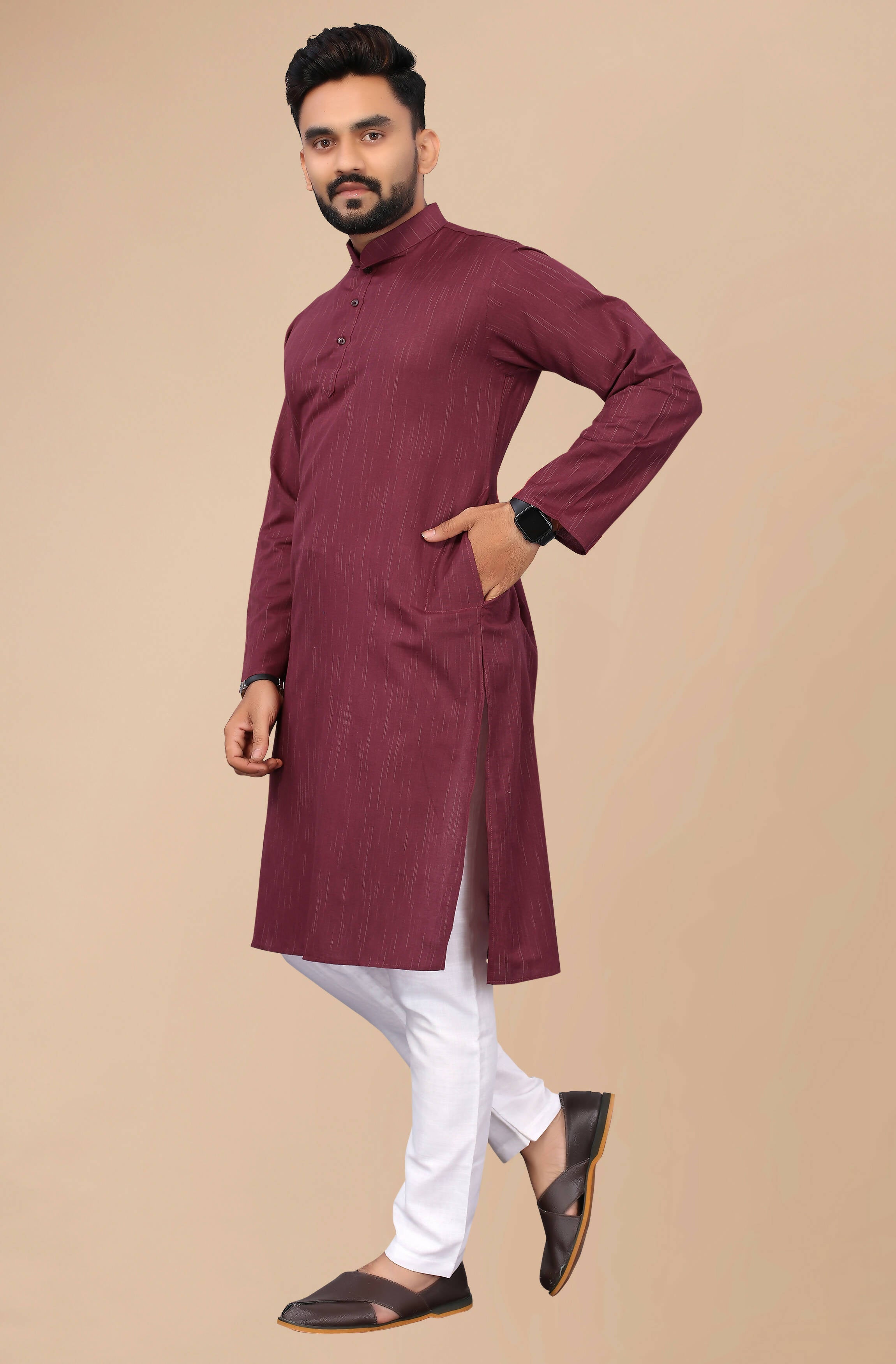 Men's Burgundy Striped Cotton Kurta - Mahotsav | Grocsy