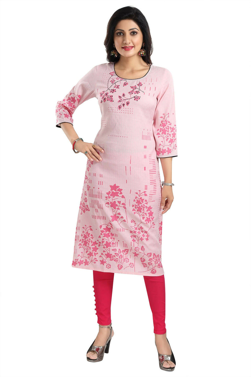Snehal Creations Pretty Pink Rayon Textured Print Long Kurta For Women | Grocsy