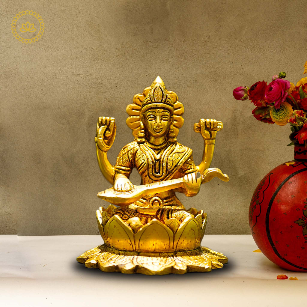 Brass Saraswati Idol - Embodiment of Knowledge and Artistic Inspiration" | Grocsy