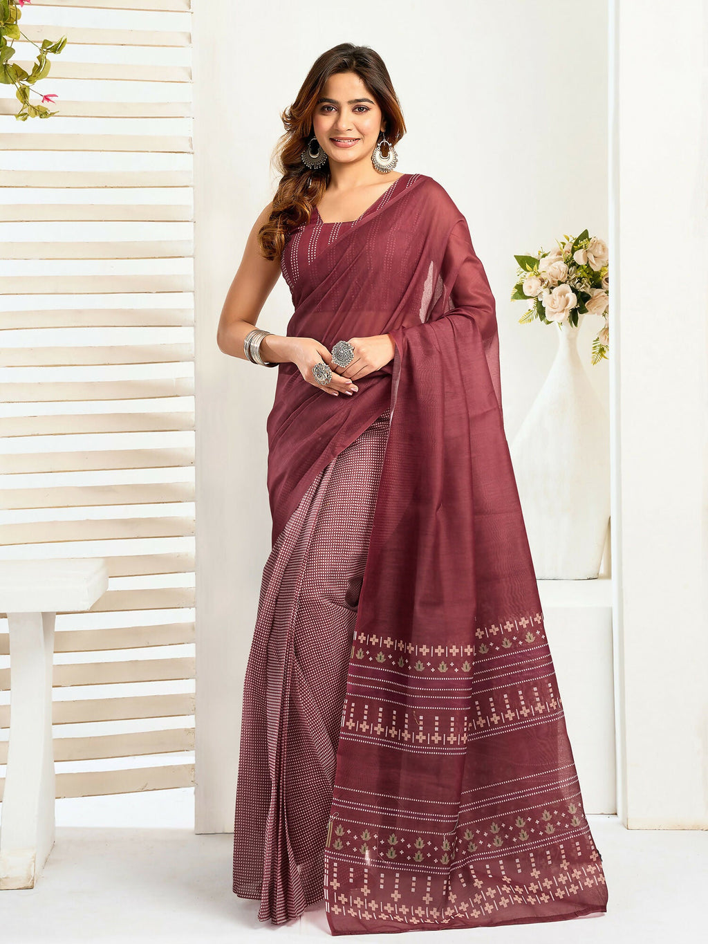 Joban Fashion Maroon Ethnic Motifs Linen Ready To Wear Saree With Unstitched Blouse | Grocsy
