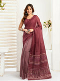 Joban Fashion Maroon Ethnic Motifs Linen Ready To Wear Saree With Unstitched Blouse | Grocsy