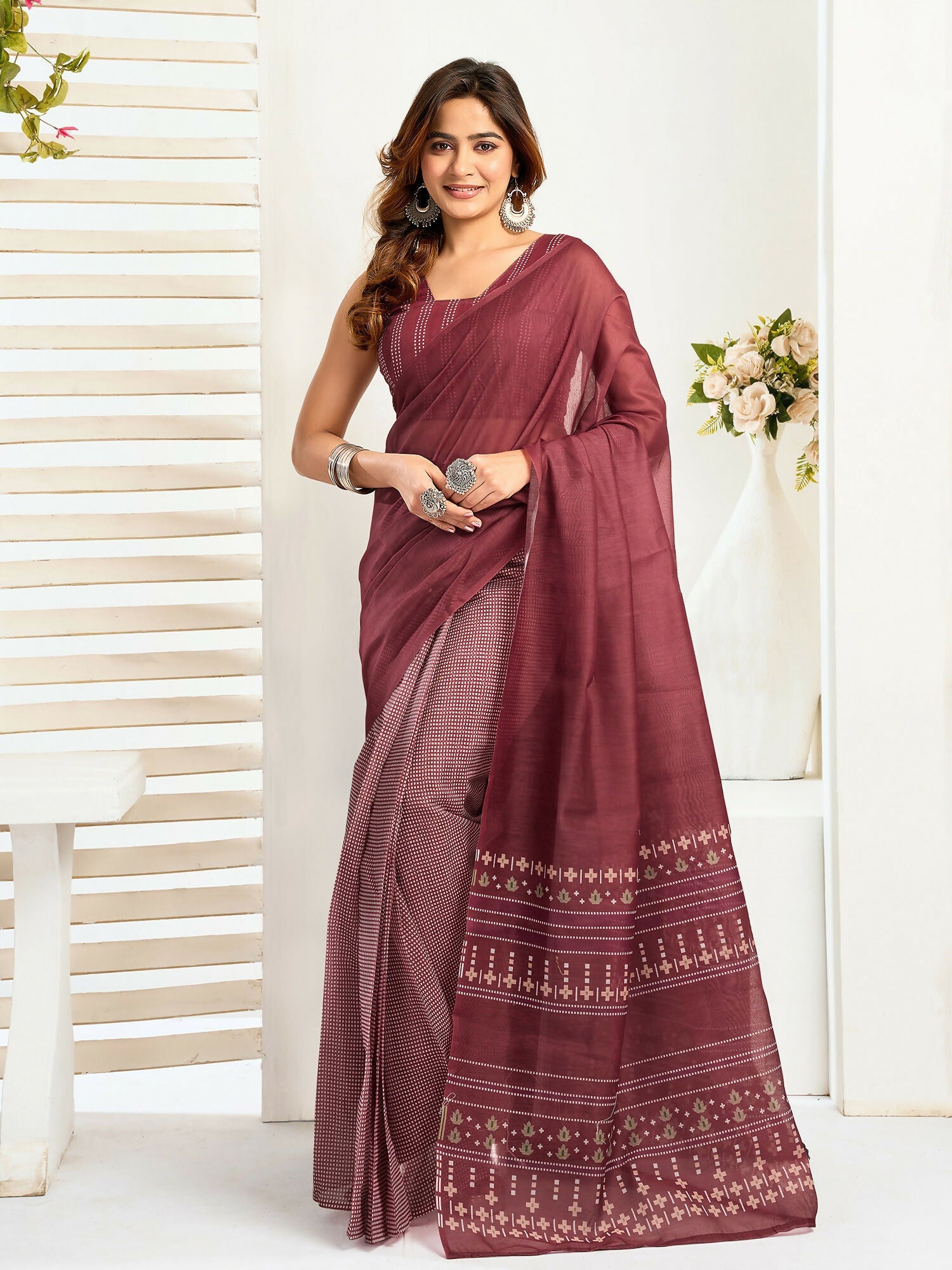 Joban Fashion Maroon Ethnic Motifs Linen Ready To Wear Saree With Unstitched Blouse | Grocsy