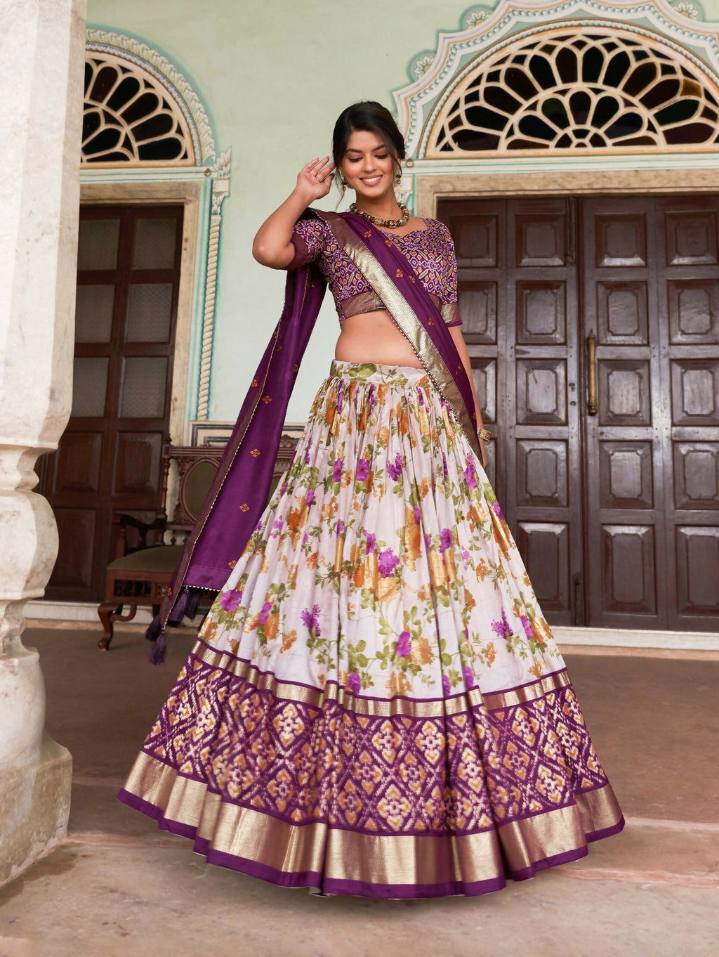 Vastranavya Exquisite Tussar Silk Lehenga Set With Perfect Floral And Patola Print Design Lehenga Choli - Wine | Grocsy