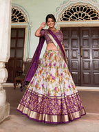 Vastranavya Exquisite Tussar Silk Lehenga Set With Perfect Floral And Patola Print Design Lehenga Choli - Wine | Grocsy