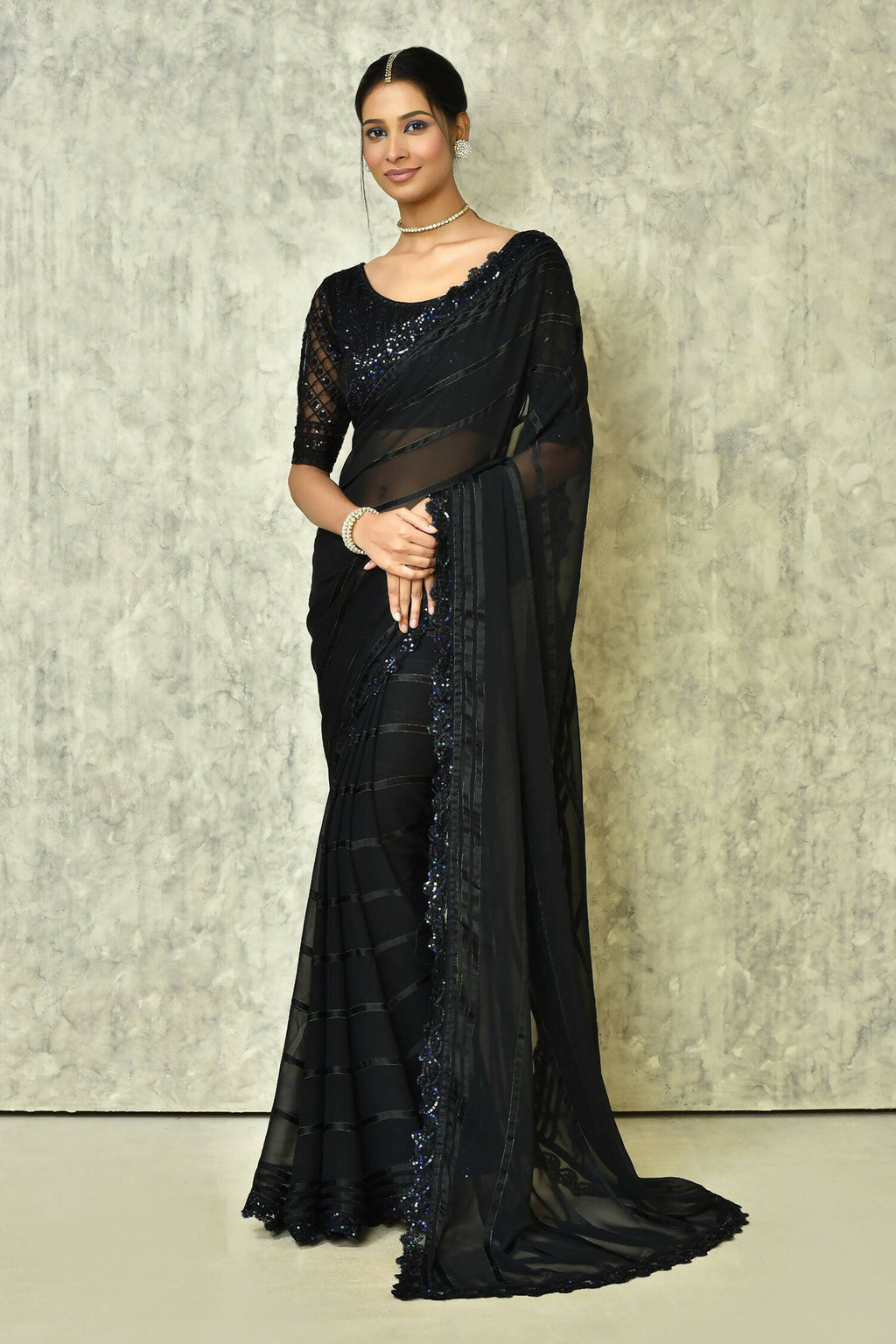 Black Silk Stripe Saree With Blouse Piece - Purvi | Grocsy