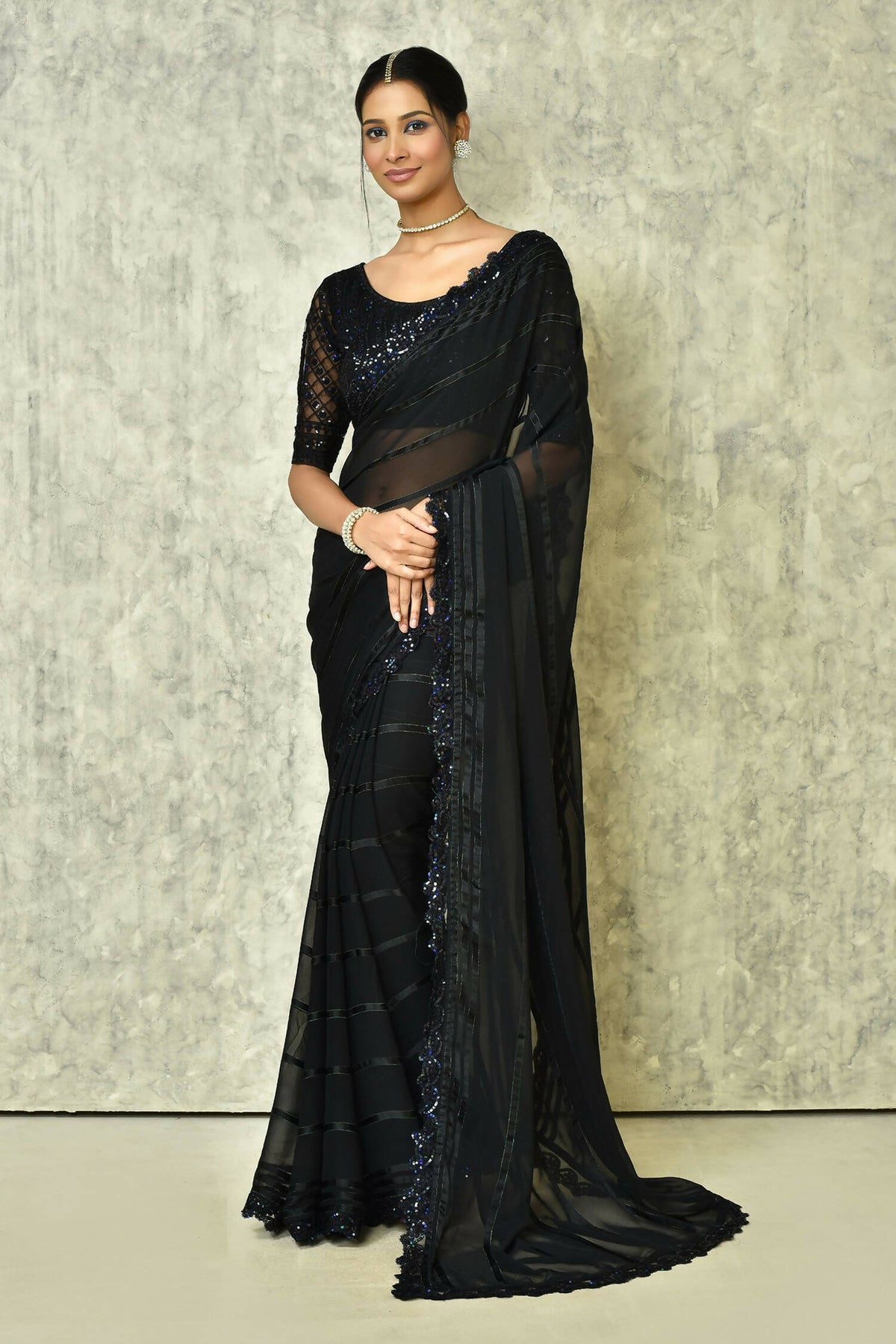 Black Silk Stripe Saree With Blouse Piece - Purvi | Grocsy