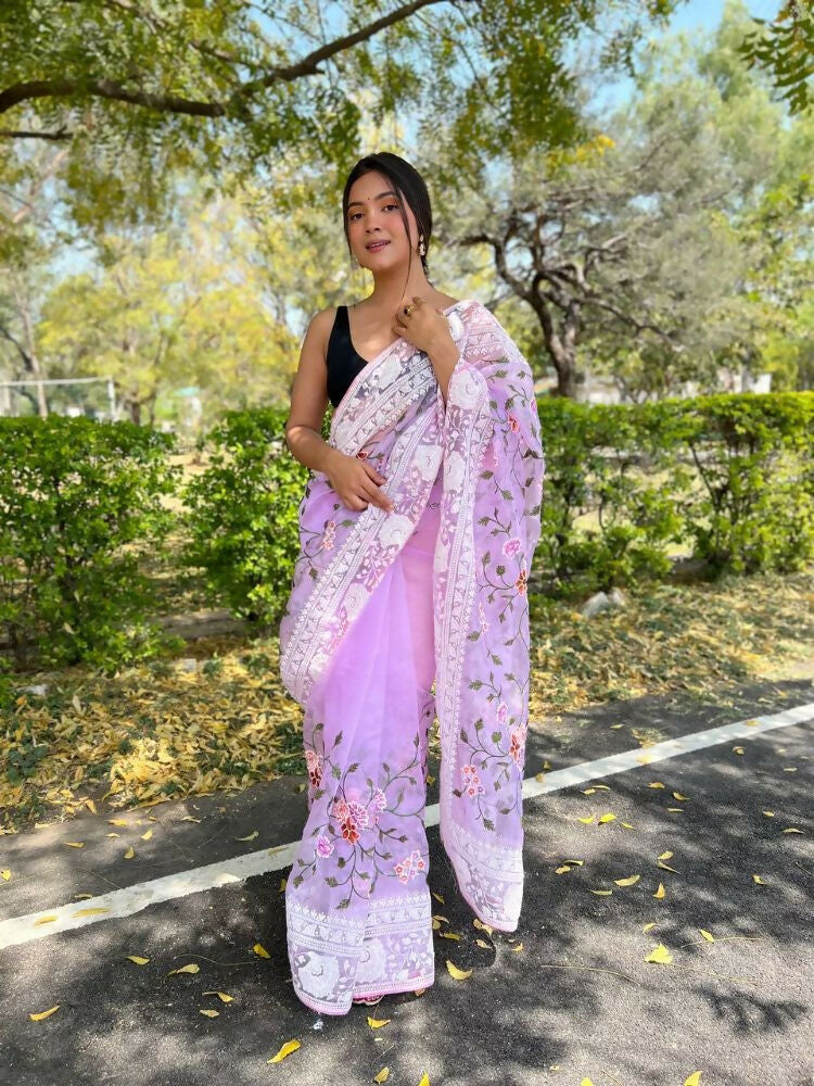 Vamsee Foolwarii Lavender Organza Saree | Grocsy
