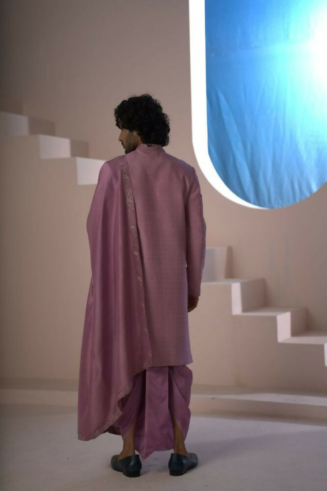 Majestic Orchid Falling Raw Silk Sherwani Set With Intricate Embroidery And Draped Dupatta by Hilo Design | Grocsy