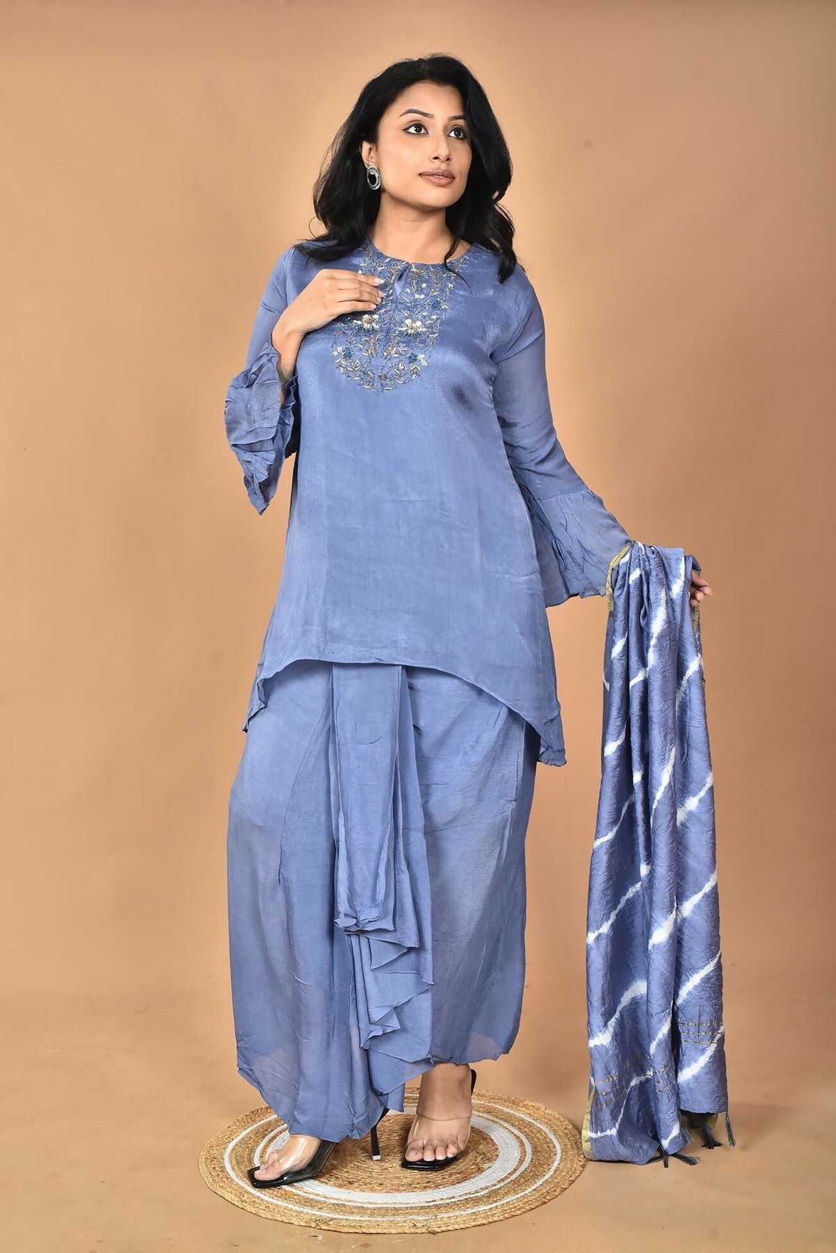 Morchari Women And Hand Embroidery Palazzo Set-Grey | Grocsy