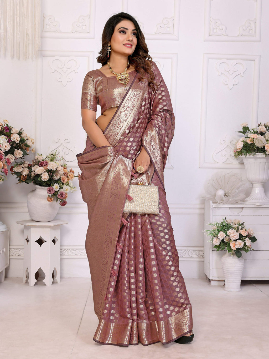 Aastha Fashion Dusty Rose Organza Silk Weaving Saree | Grocsy