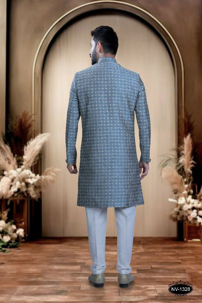 Joban Fashion Men's Blue Brocade Kurta with Pyjama | Grocsy