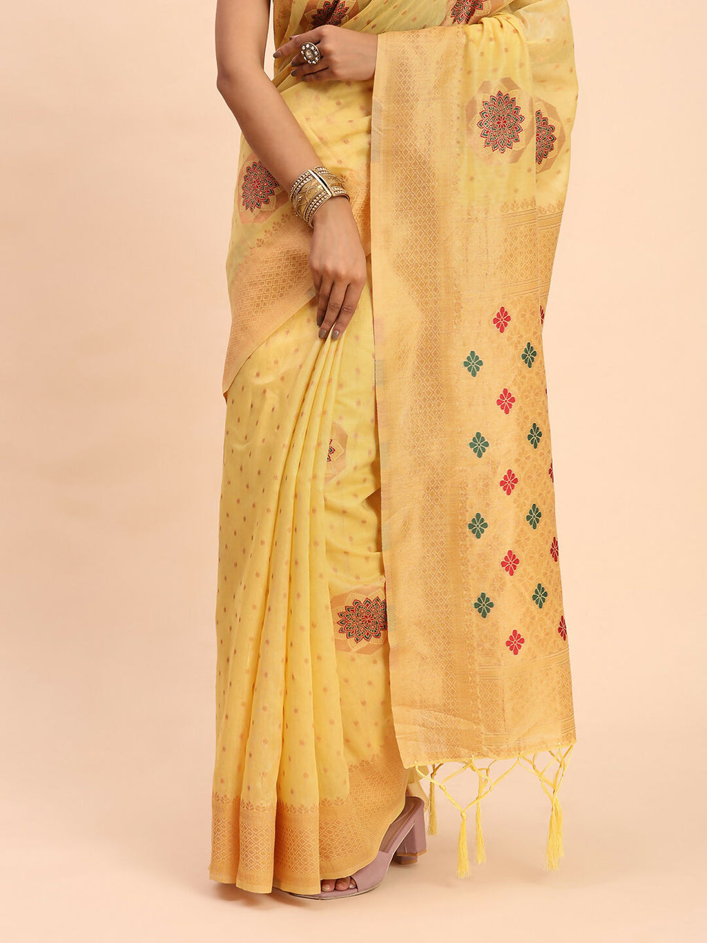 Shree Shyam Fashion Linen Cotton Yellow Saree | Grocsy