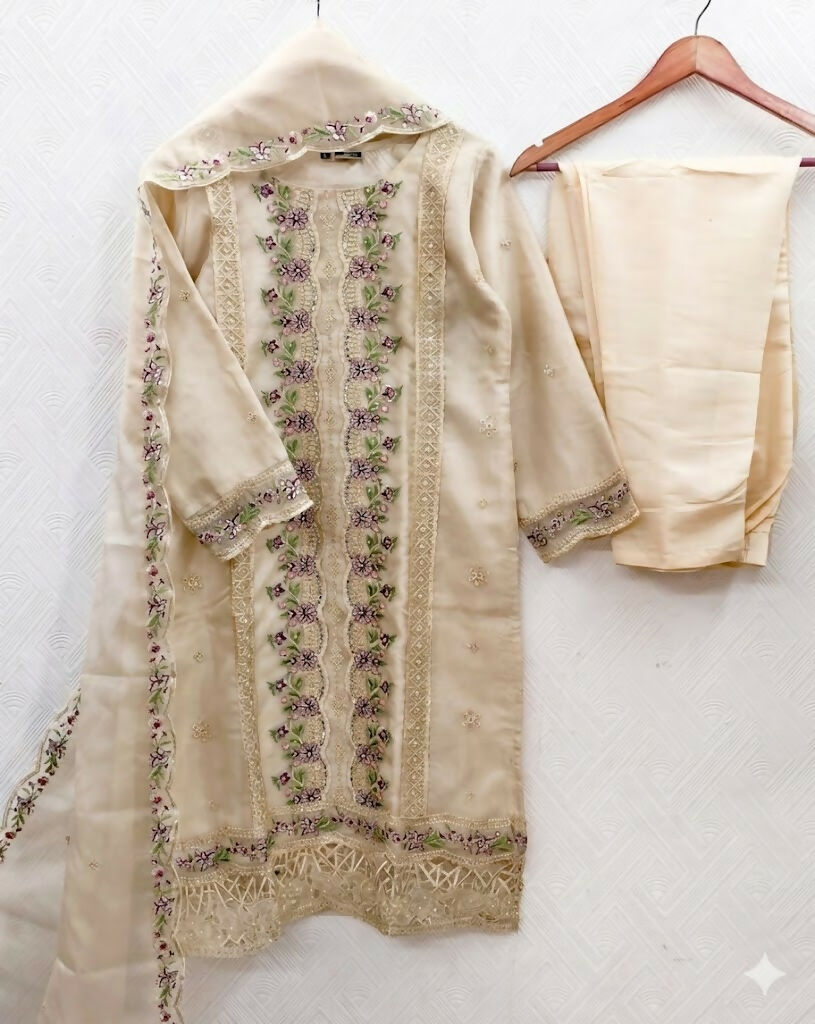 Teeya Creation Womens New Trendy Silk With Heavy Embroiedery With Sequence Work Beige Kurta Set | Grocsy