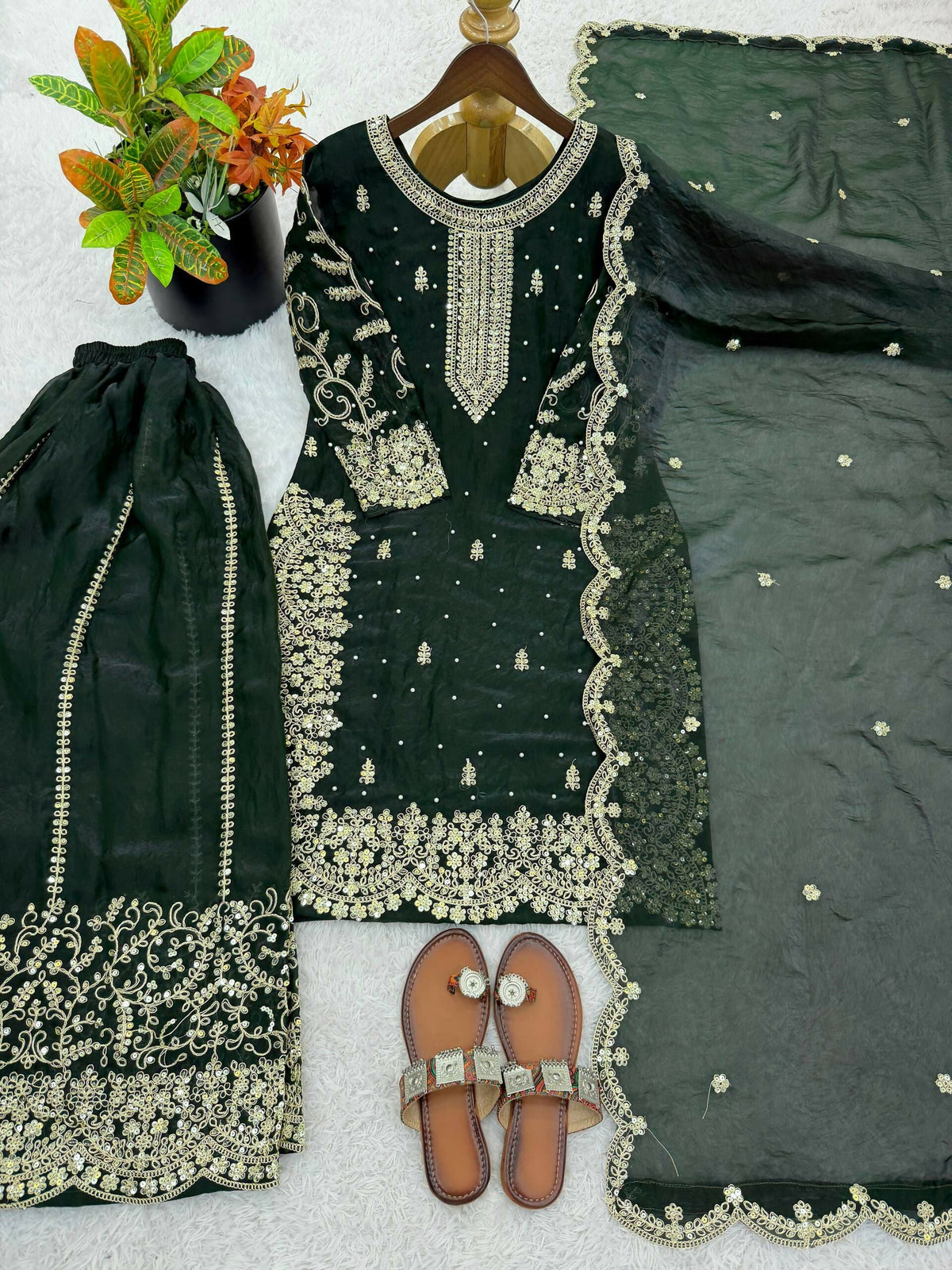Teeya Creation Womens New Trendy Embroidery Coding And Sequence Work Green Kurta Set | Grocsy