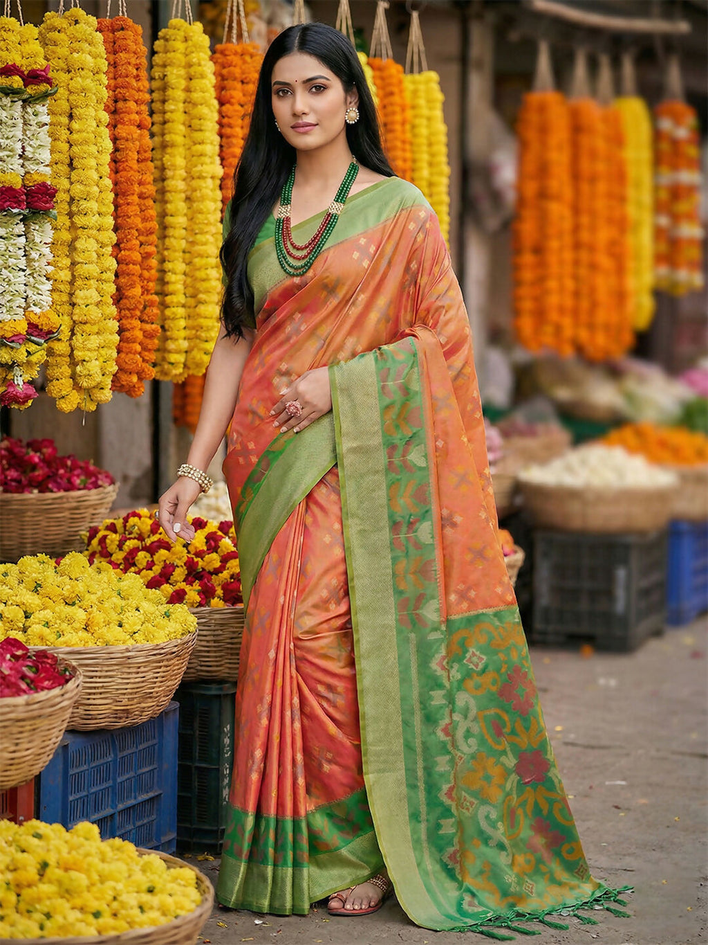 Shree Shyam Fashion Orange Pochampally Silk Saree | Grocsy