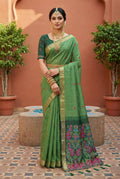 Vastranavya Pista Muga Cotton Meenakari & Azarakh Pallu Saree with Contrast Blouse | Grocsy