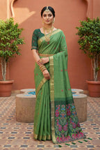 Vastranavya Pista Muga Cotton Meenakari & Azarakh Pallu Saree with Contrast Blouse | Grocsy