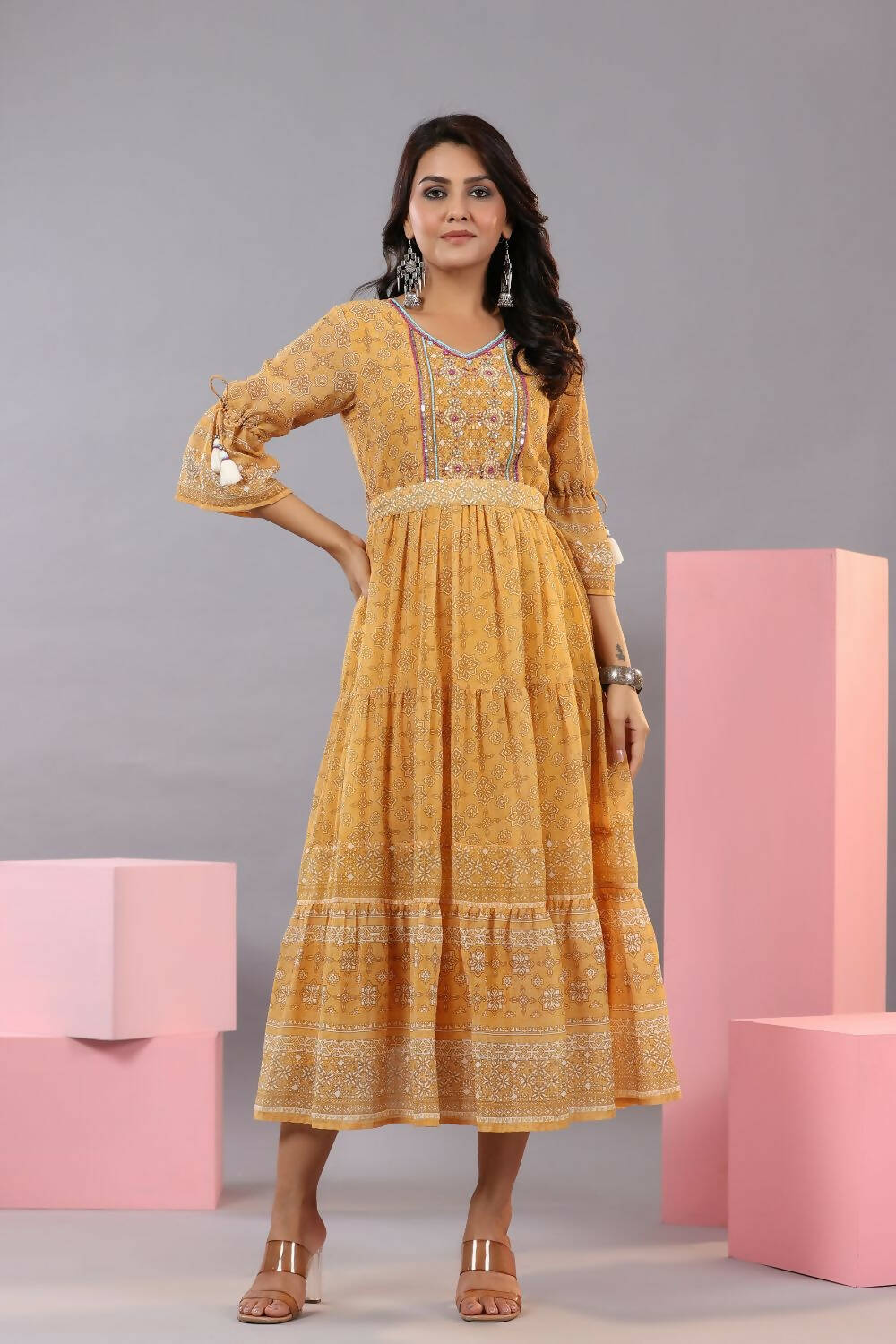 Juniper Women Yellow Georgette Geometric Printed Tiered Maxi Dress | Grocsy