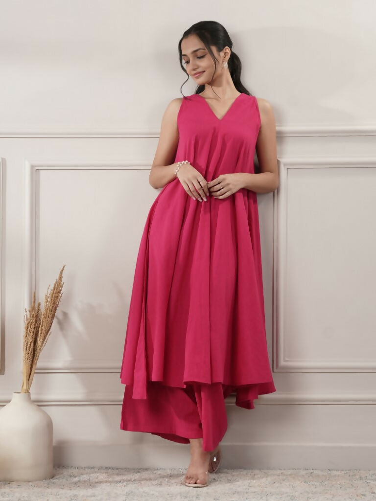 Joban Fashion Women's Fuchsia Cotton A-Line Midi Dress With Pants | Grocsy