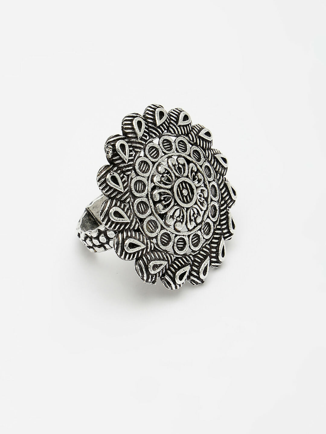 NVR Women's Silver-Toned Floral Shape Adjustable Finger Ring | Grocsy