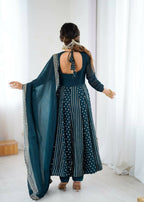 Teeya Creation Teal Color Heavy Crunchy Silk Embroidery Work Gown | Grocsy