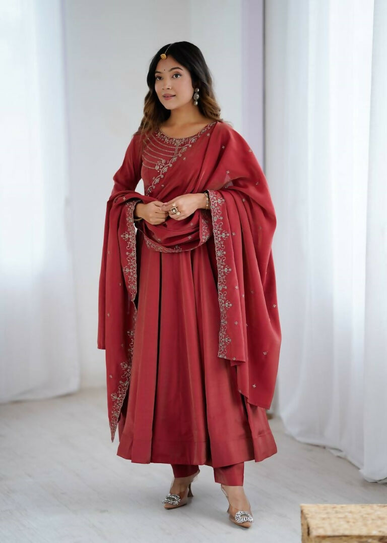 Teeya Creation Brown Color Pure Roman Silk Party Wear Designer Gown | Grocsy