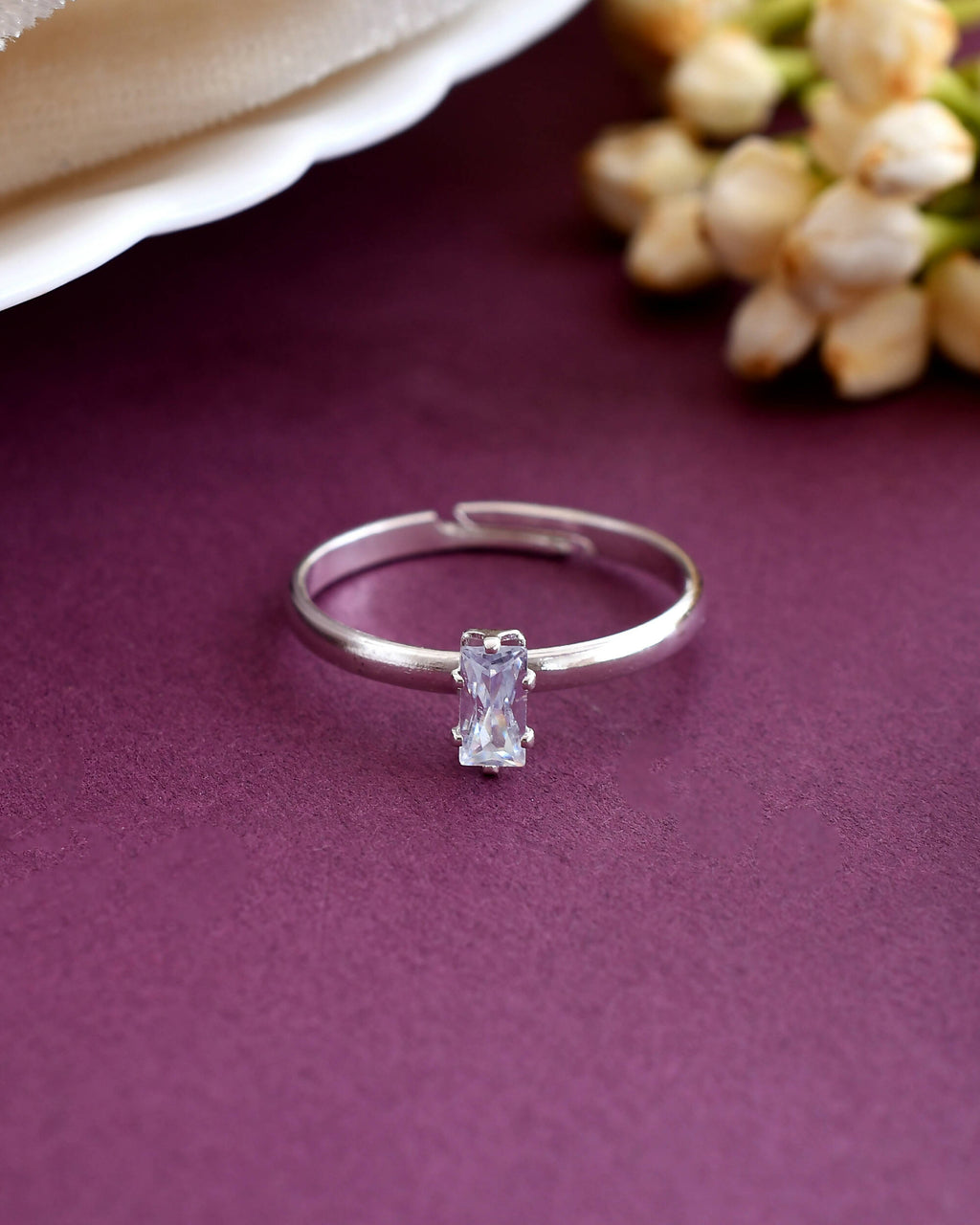 VOJ white CZ-detail Stainless Steel Cubic Zirconia Silver Plated adjustable finger Ring | Grocsy