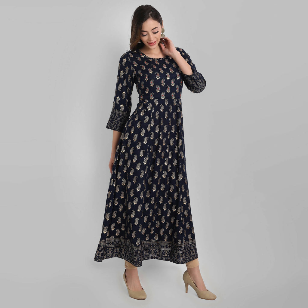 Juniper Women's Navy Rayon Printed Flared Dress | Grocsy