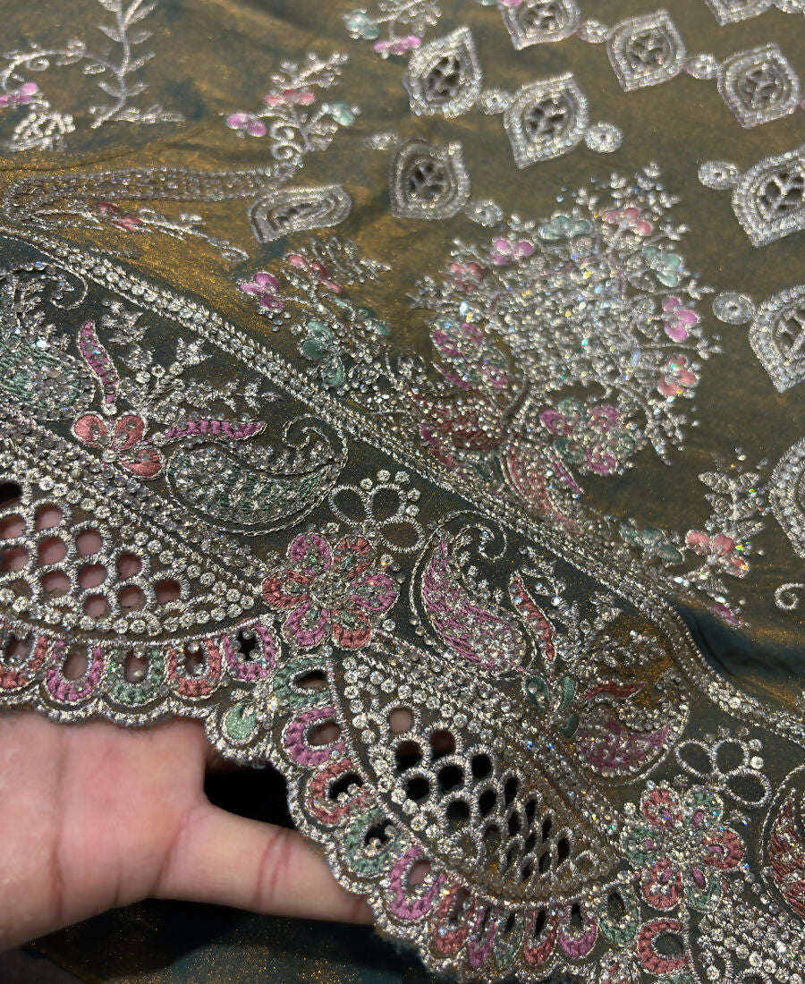 KC Heavy Embroidery Worked Two Ton Moss Silk Grey Suit For Women | Grocsy