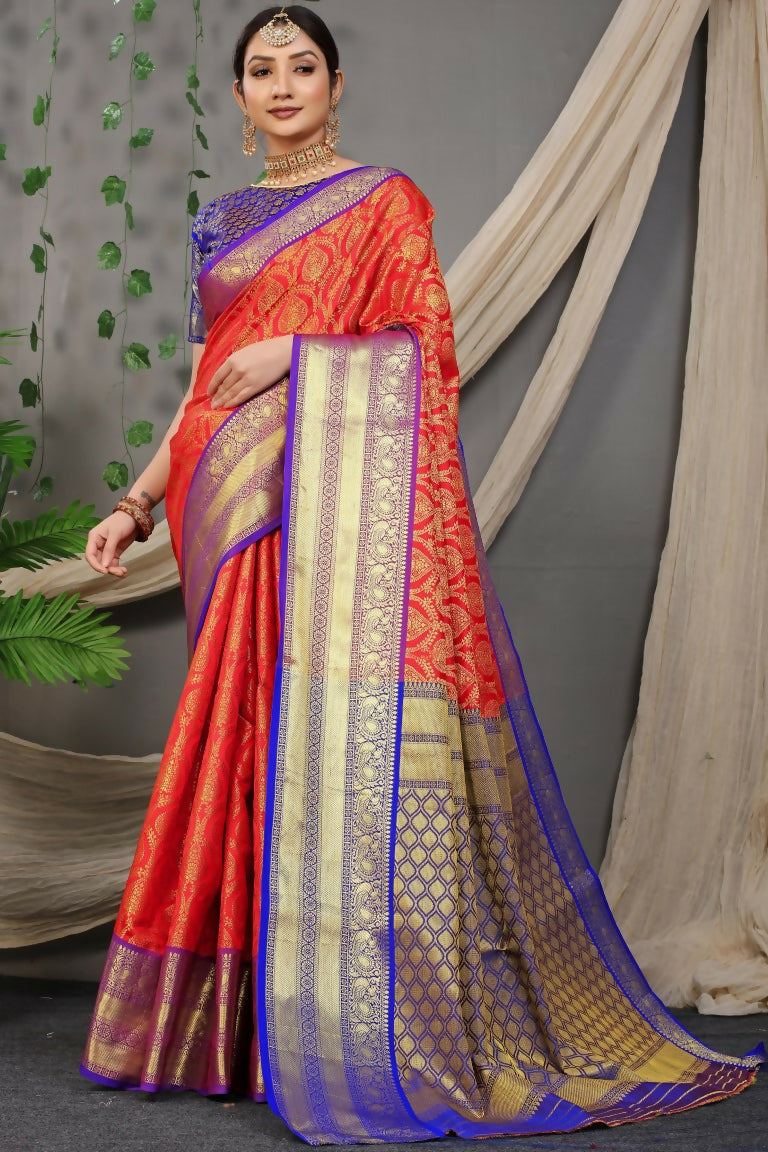 Jyoti Fashion Women's Red Kanjivaram Silk Zari Woven Saree with Blouse | Grocsy