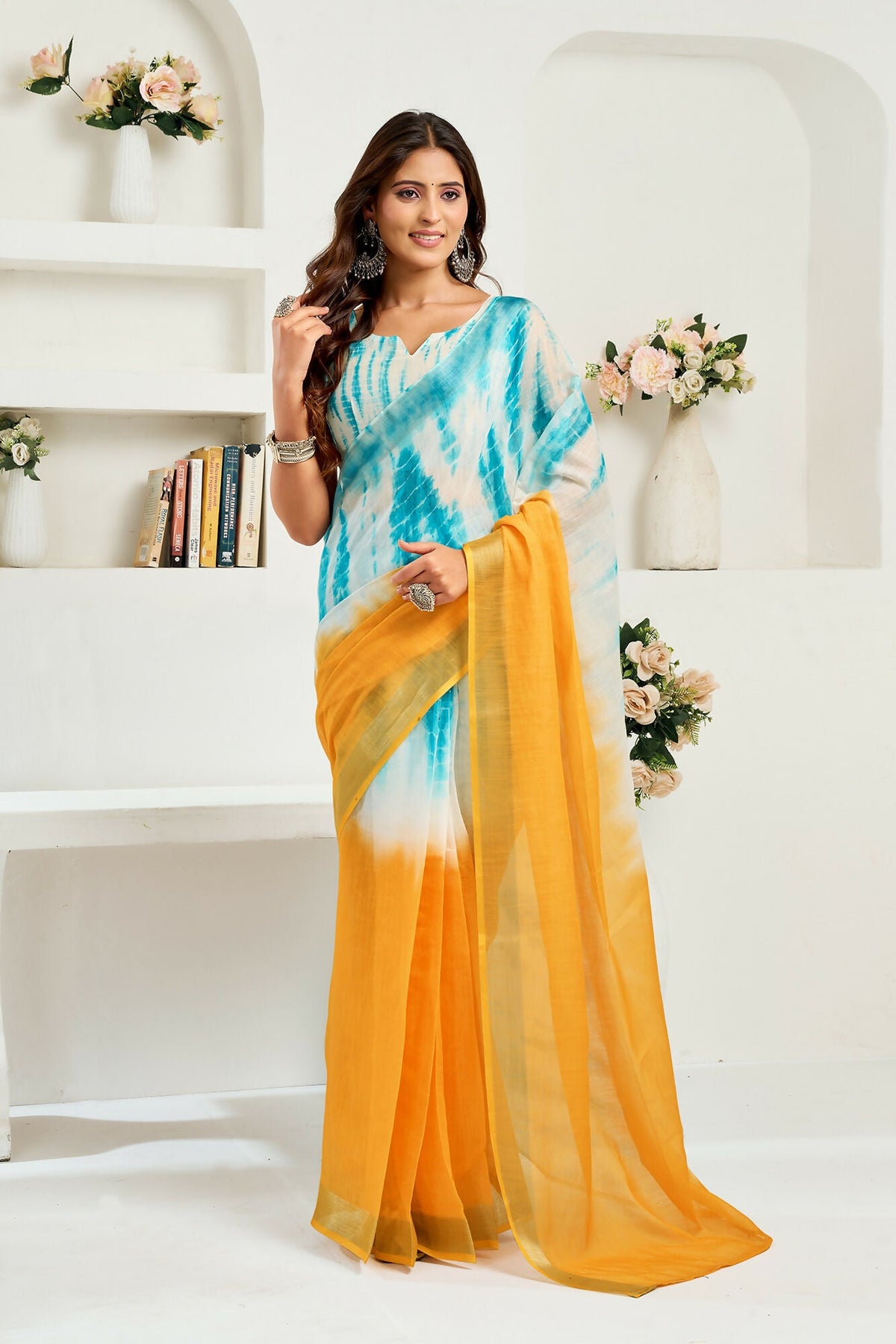 Vastranavya Multi Digital Printed Linen Ready To Wear Designer Saree with Unstitched Blouse | Grocsy