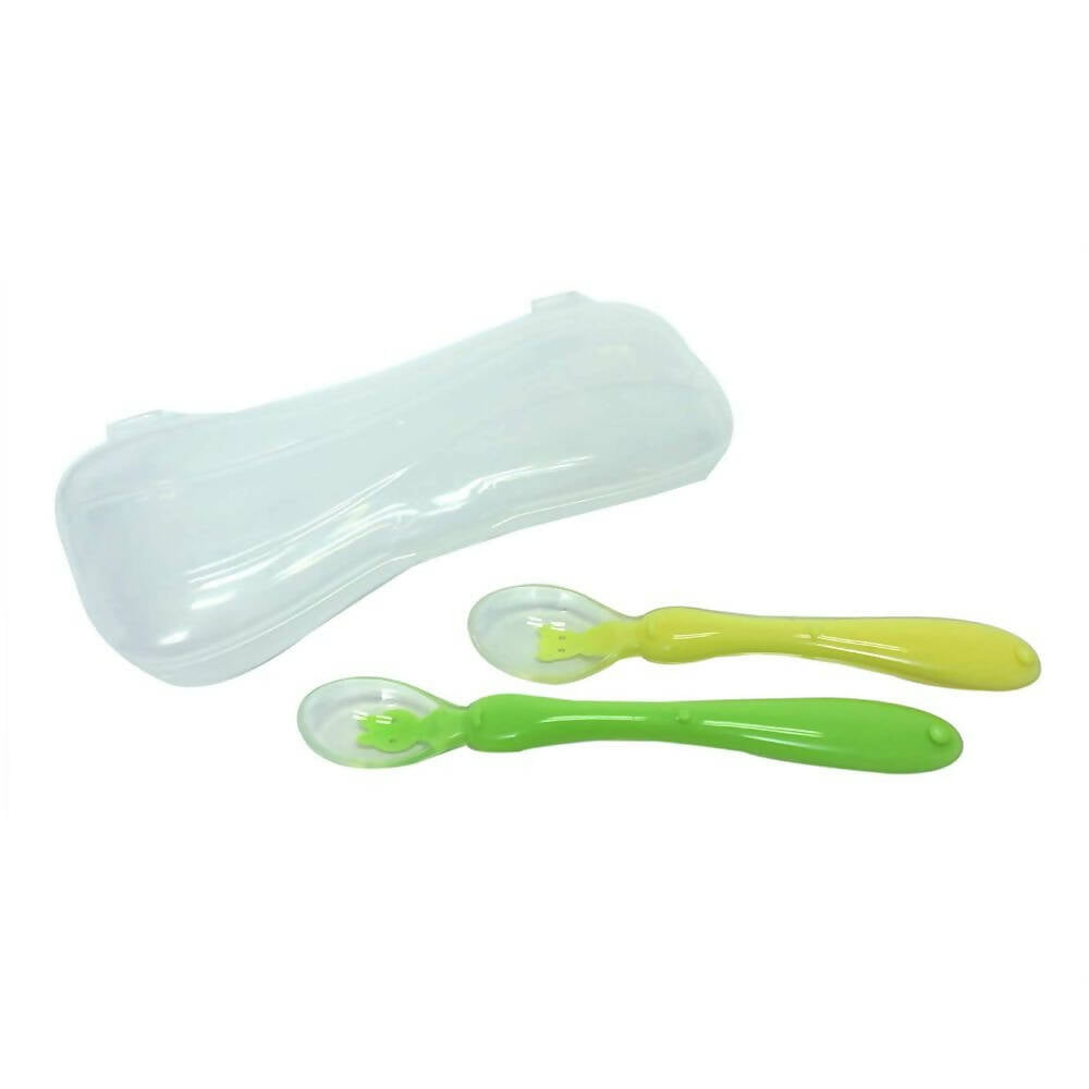 Safe-O-Kid Soft Silicone Tip Spoons Set Box (2 Spoons), Yellow & Green | Grocsy