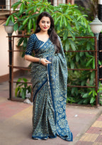 Blue Cotton Blend Ajrak Saree with Unstitched Blouse - Hiral Fashion | Grocsy