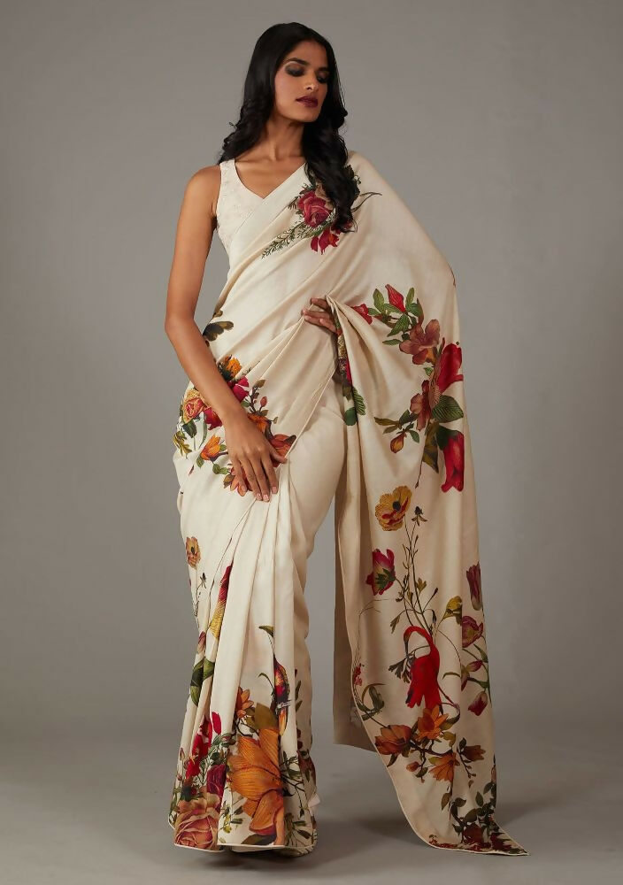 Off White Bright Moss Designer Digital Printed Party Wear Saree - Be Verly | Grocsy