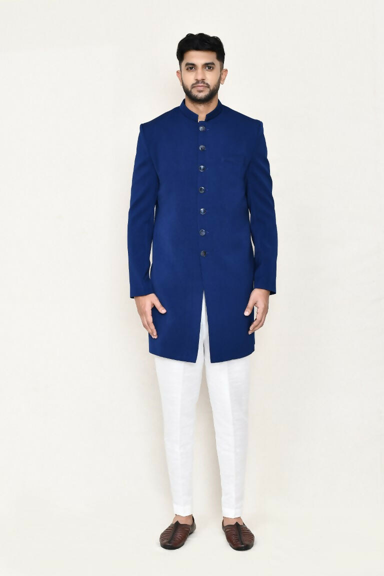 Joban Fashion Blue Colored Imported Jacquard Fabric Open Jacket, Indo Western With Straight Fit Pant | Grocsy