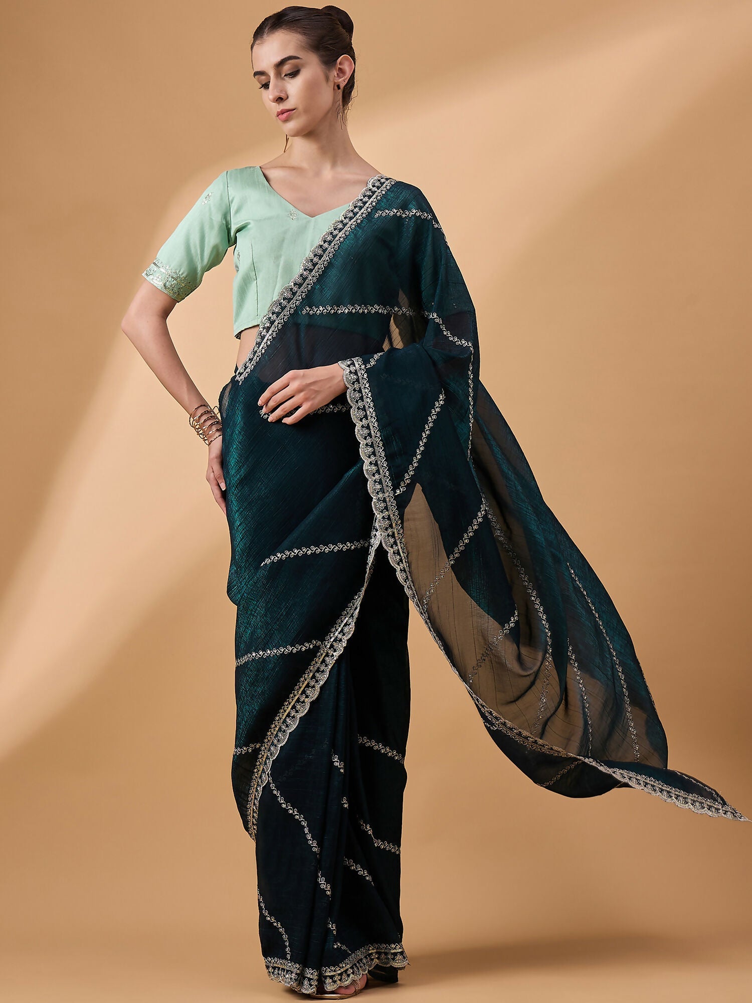 Blue Muslin Embroidered Saree with Unstitched Blouse Piece - Satya | Grocsy