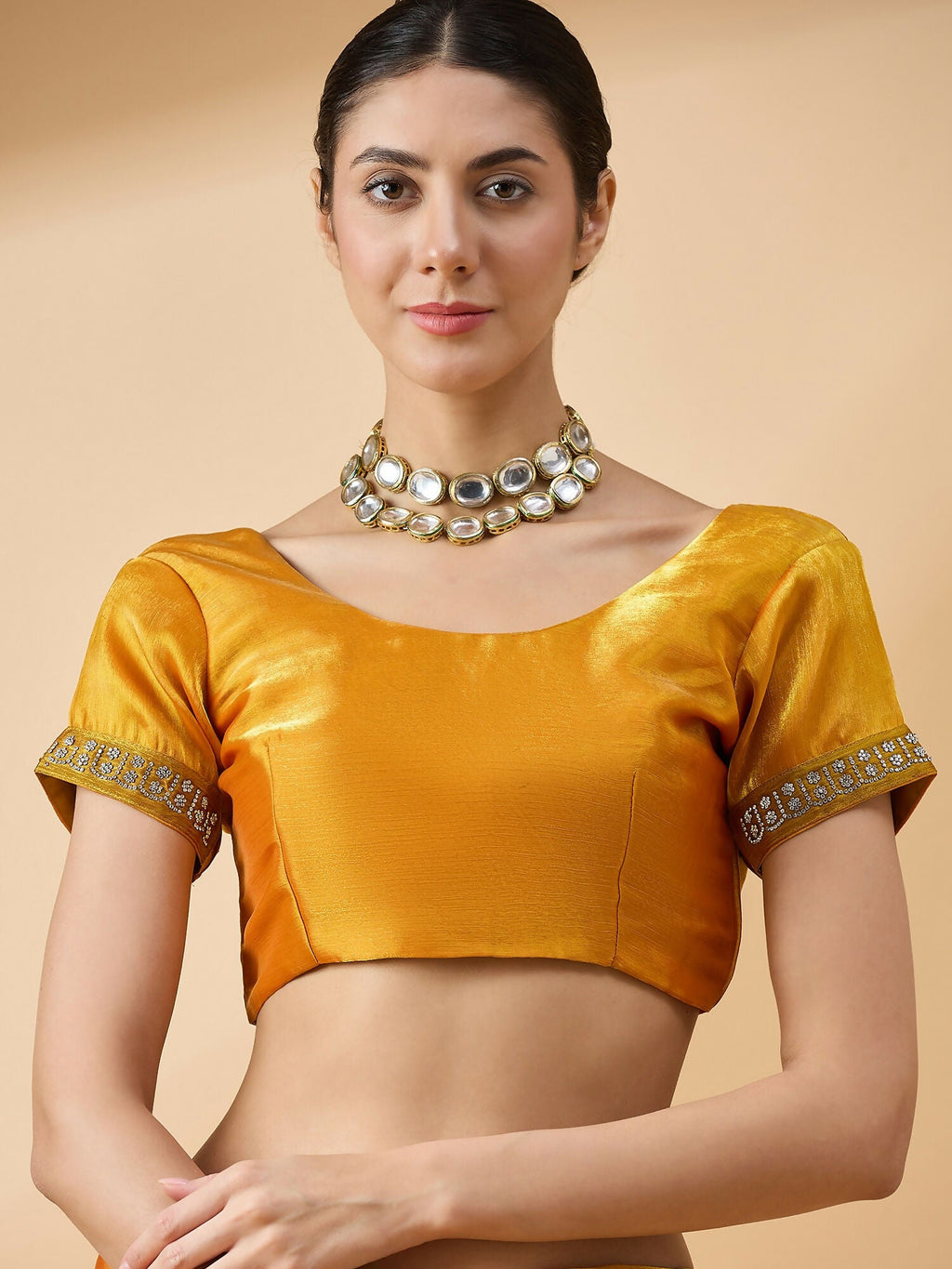 Mustard Organza Swaroski Diamond Work Saree with Unstitched Blouse - Radha | Grocsy