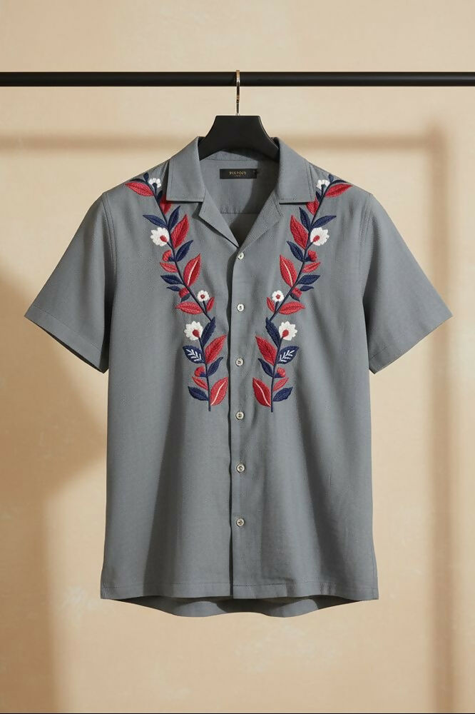 Sunduo — Grey Dual Floral Embroidered Cotton Shirt by Hilo Design | Grocsy