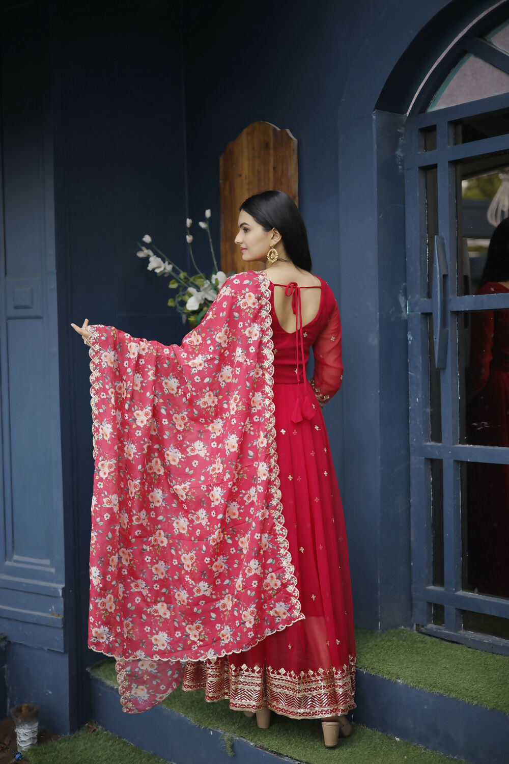 Aayaa Designer Embroidery Zari Sequins-Work Faux Blooming Georgette Suit - Red | Grocsy