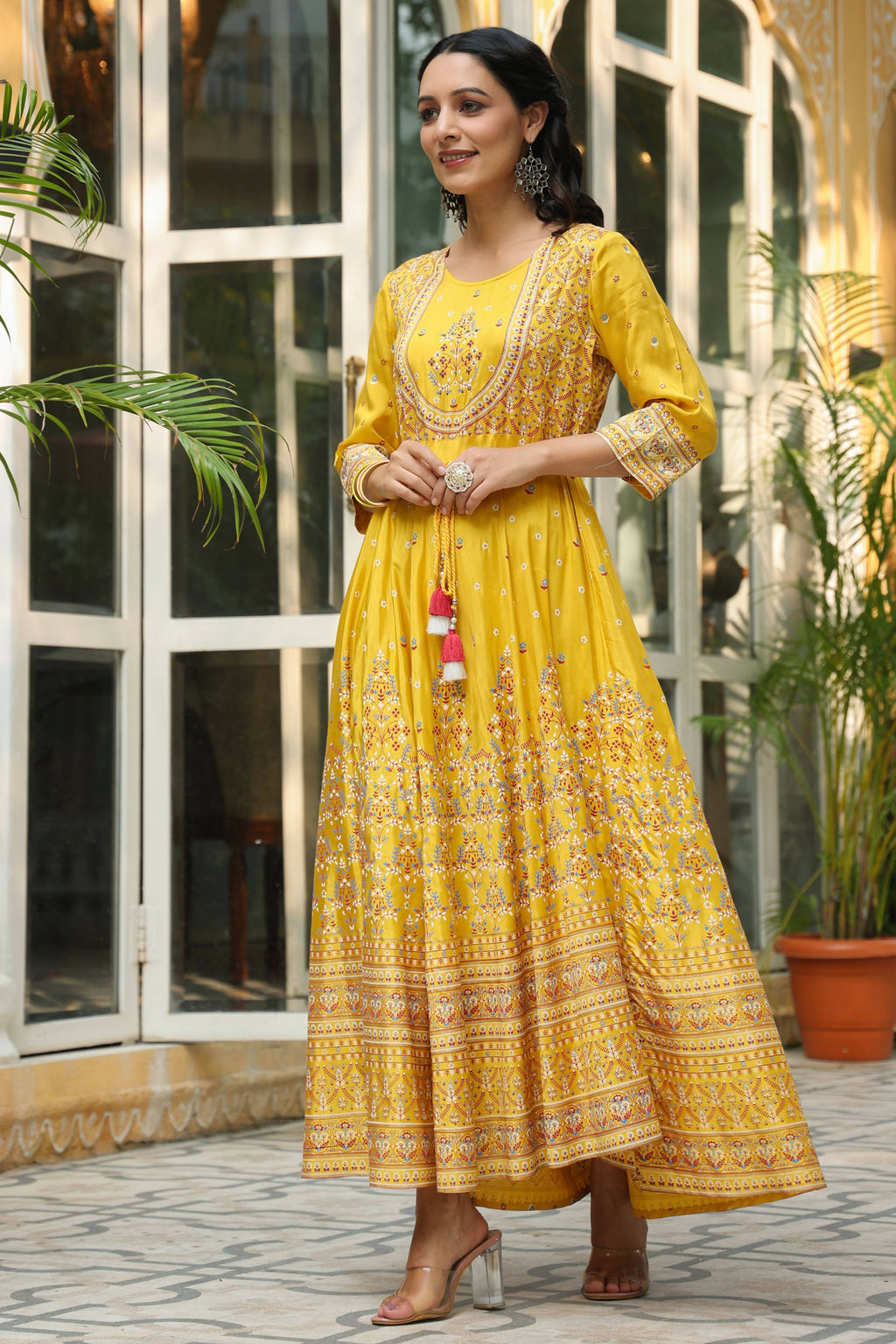 Juniper Women's Mustard Viscose Shantoon Festive Printed Flared Dress | Grocsy