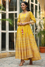 Juniper Women's Mustard Viscose Shantoon Festive Printed Flared Dress | Grocsy